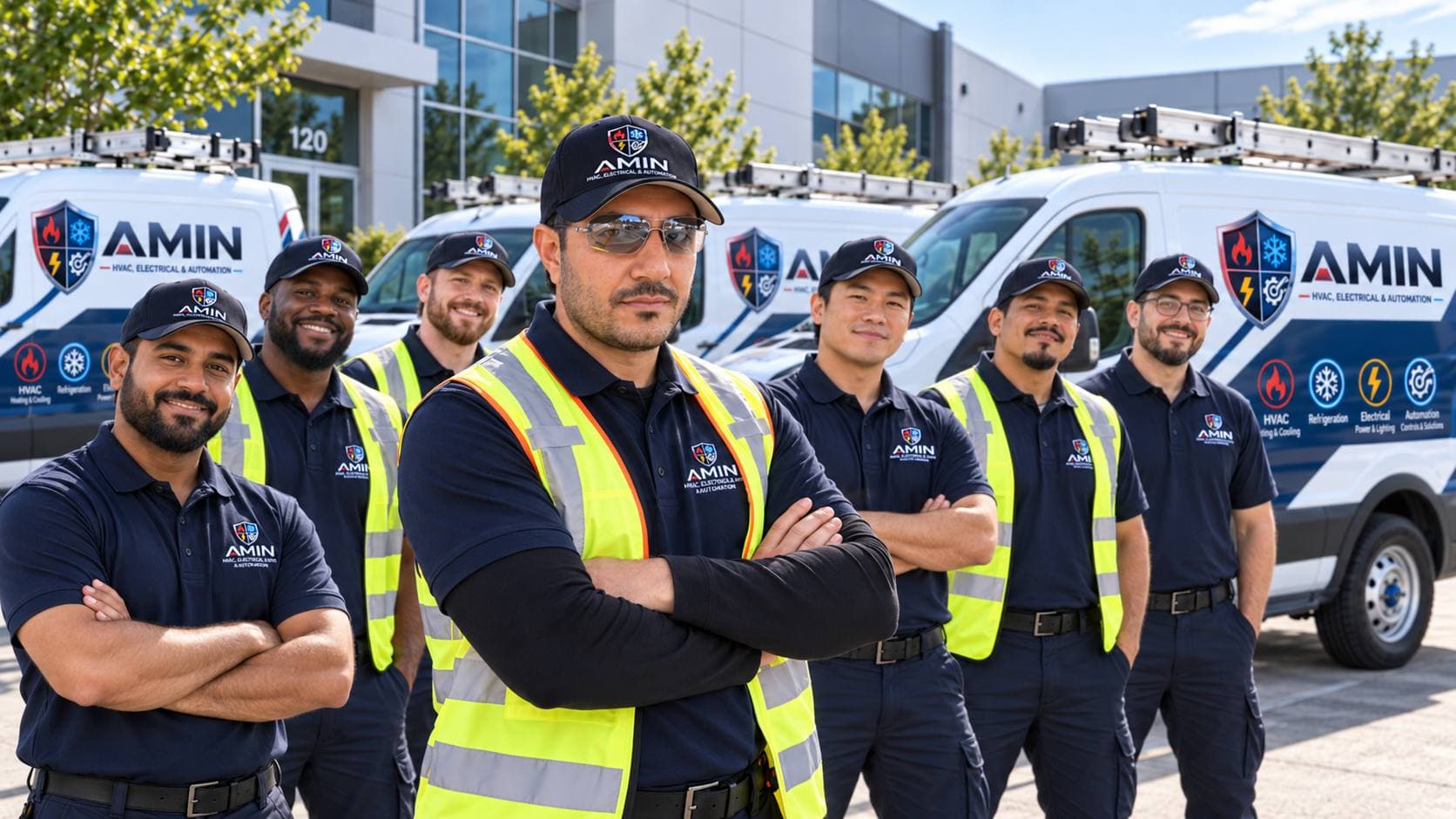 Technicians beside a service van