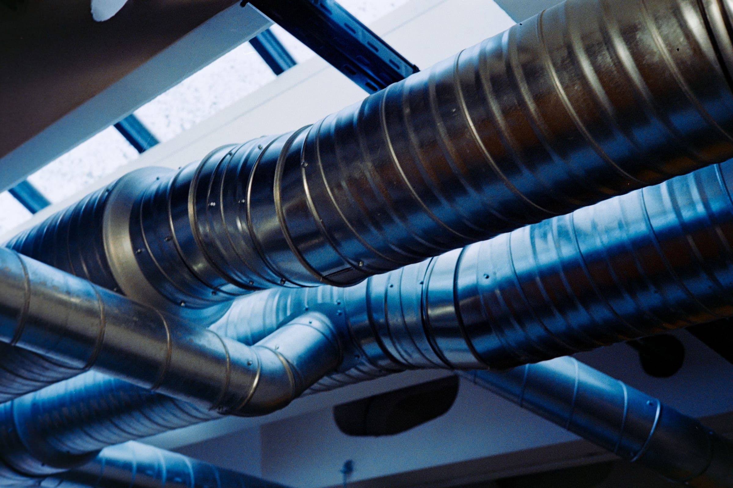 Spiral ductwork running across a commercial ceiling