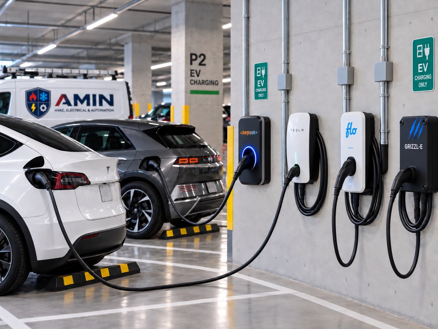 Row of electric vehicle chargers in a car park
